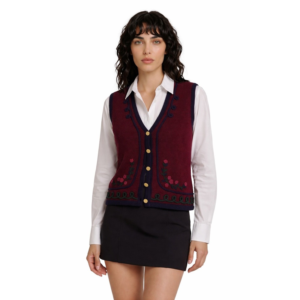 Pendleton Vest Women's Size Small Burgundy 100% Wool Vest Floral Embroidered